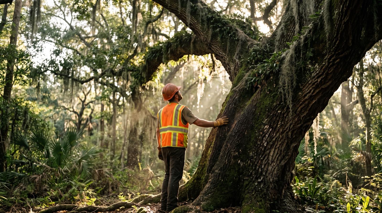 A certified arborist in an orange helmet inspecting the furrowed bark of a massive moss-draped Jacksonville live oak for decay