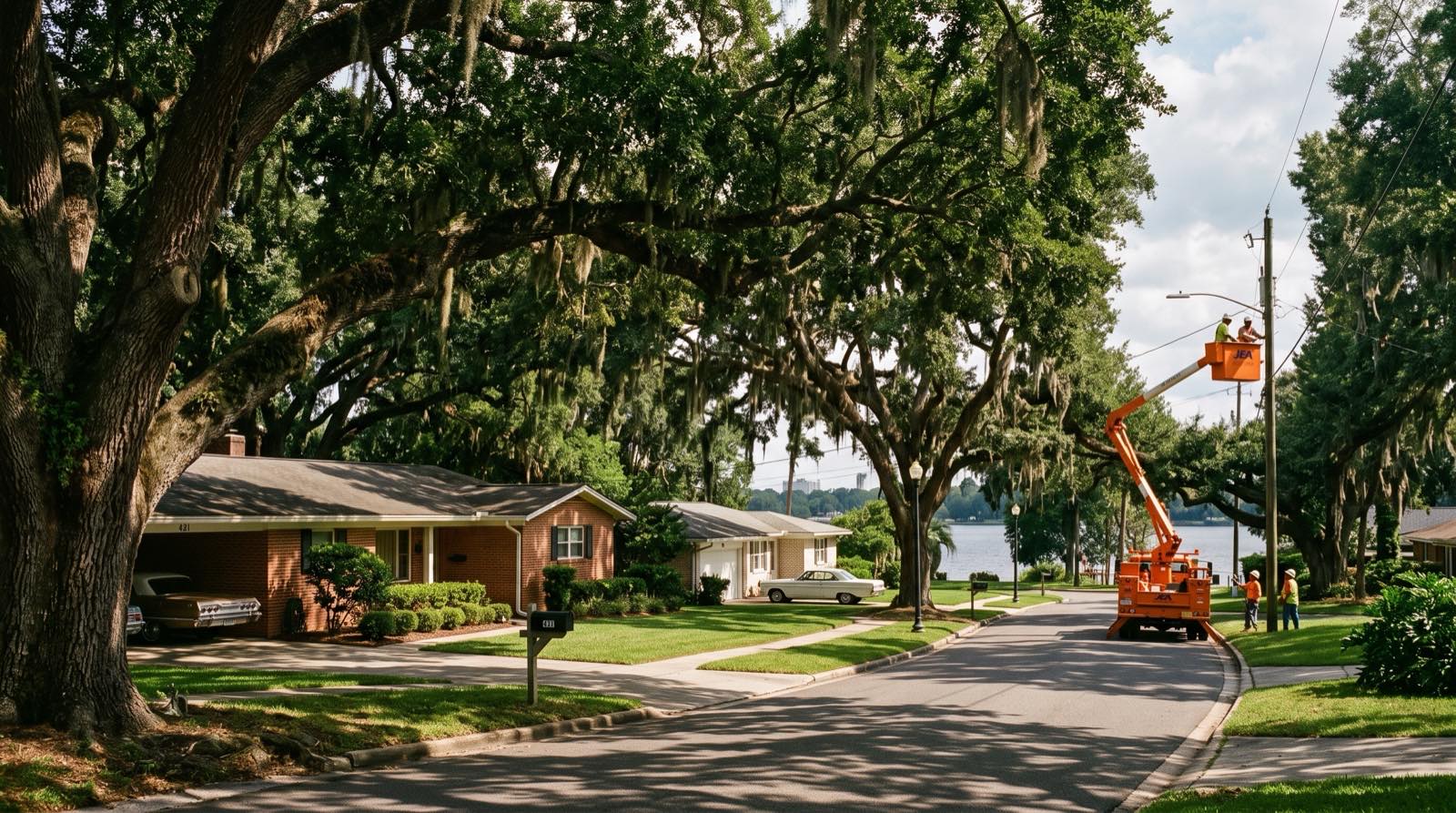 An Arlington, Jacksonville street of brick ranch homes shaded by enormous mature live oaks