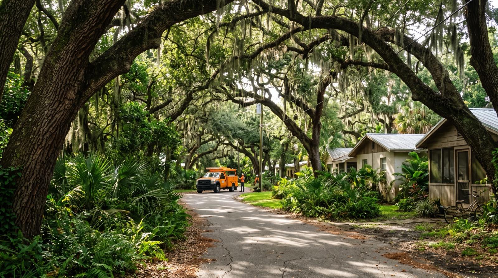 An Atlantic Beach street near Selva Marina under a dense canopy of old wind-bent live oaks