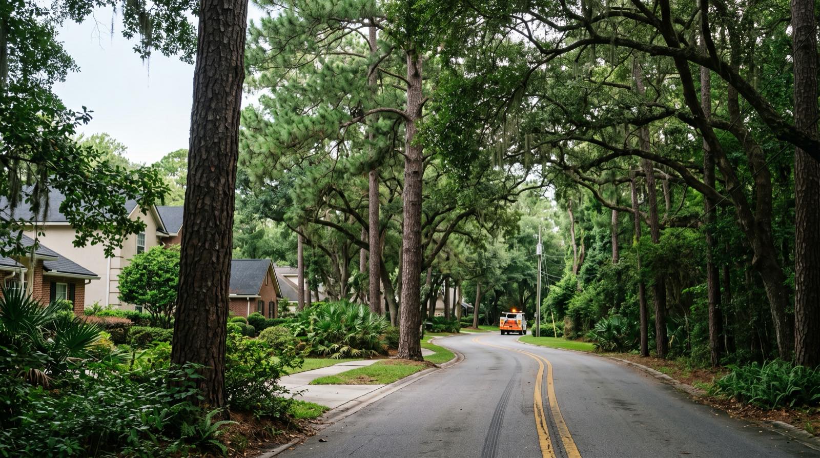 A wooded Baymeadows corridor street in Jacksonville lined with tall slash pines and live oaks