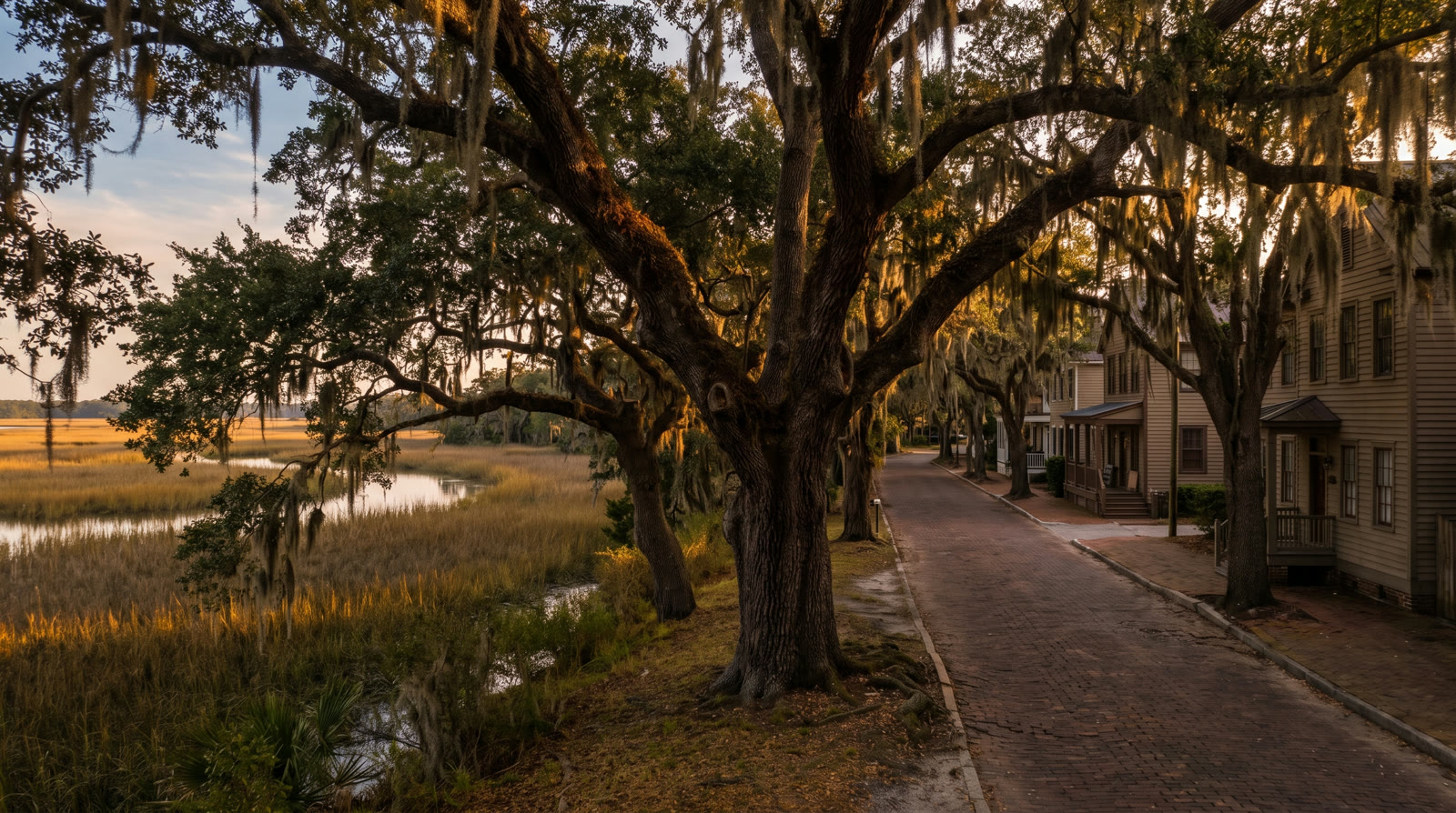 Fernandina Beach coastal live oaks draped in moss at the marsh edge
