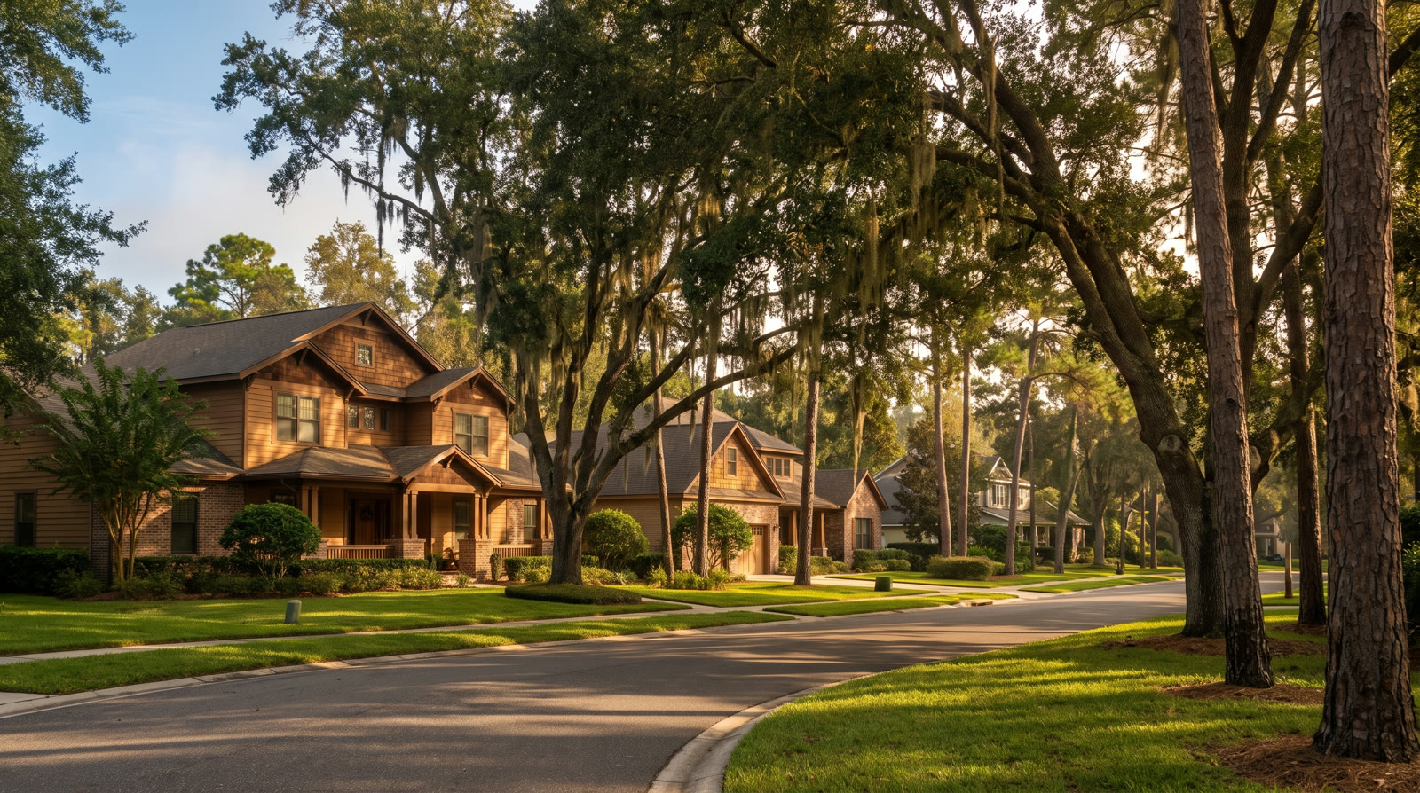 Fleming Island neighborhood with mature oaks and pines