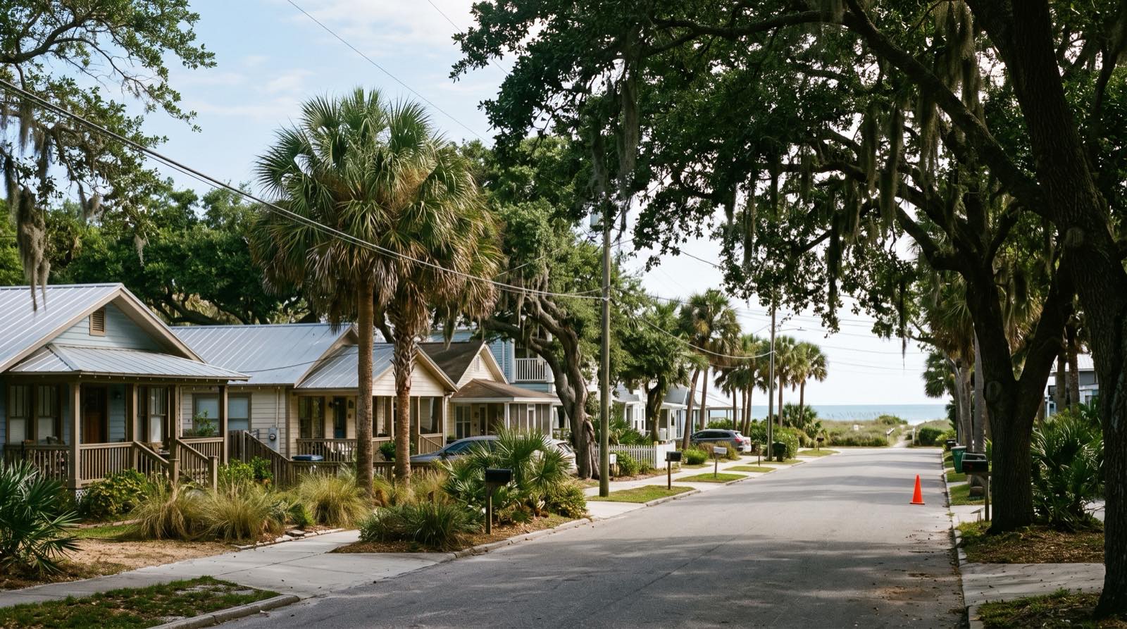 A Jacksonville Beach street near the ocean with wind-sculpted live oaks and tall sabal palms over beach bungalows