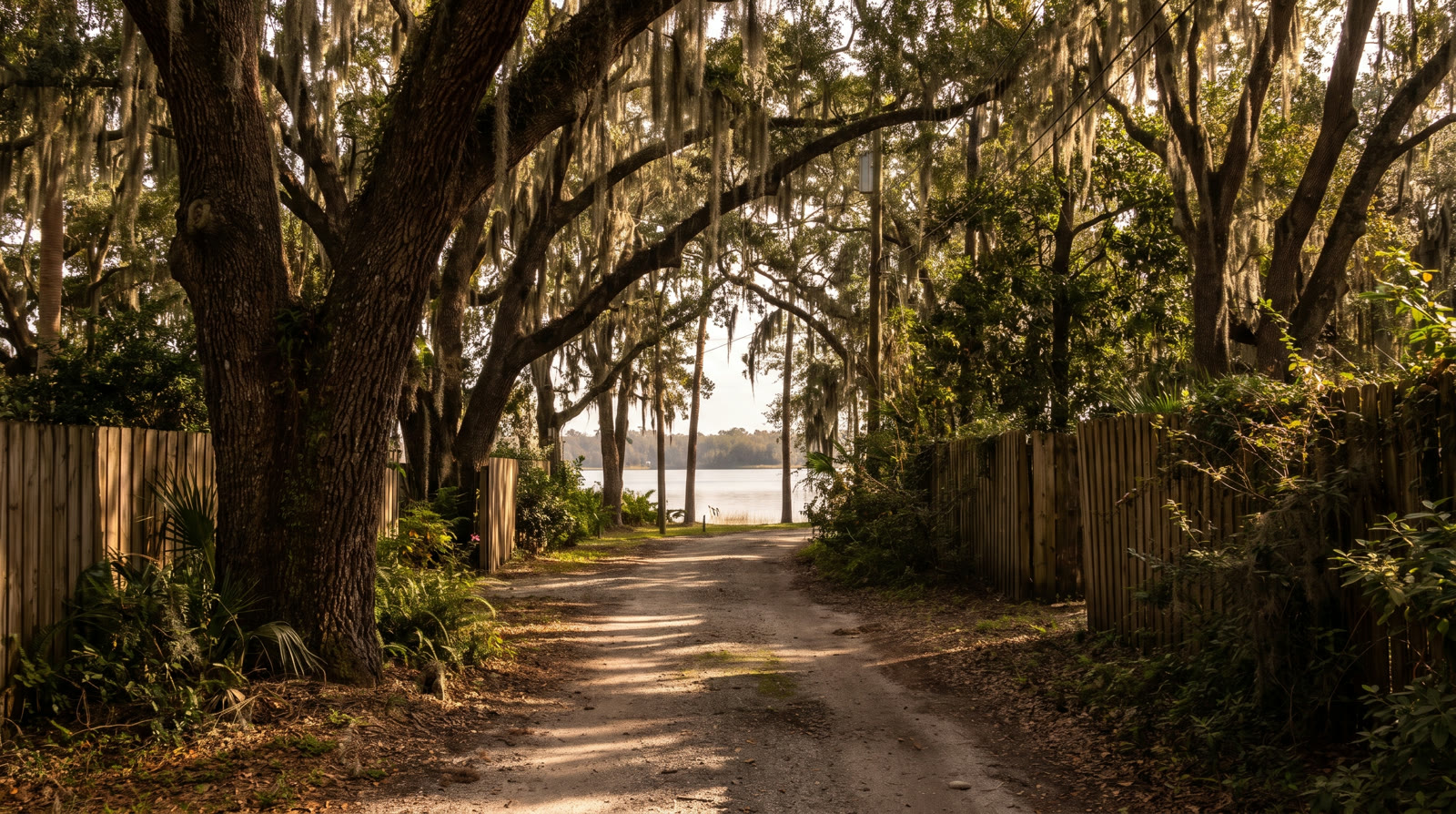 Mandarin lane under ancient moss-draped live oaks near the St. Johns River