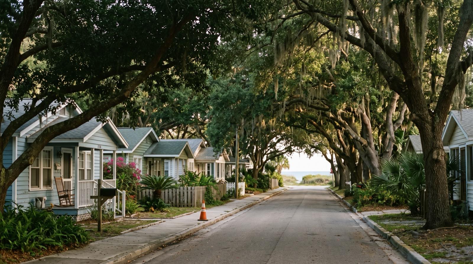 A quiet Neptune Beach street with mature laurel and live oaks arching over coastal bungalows