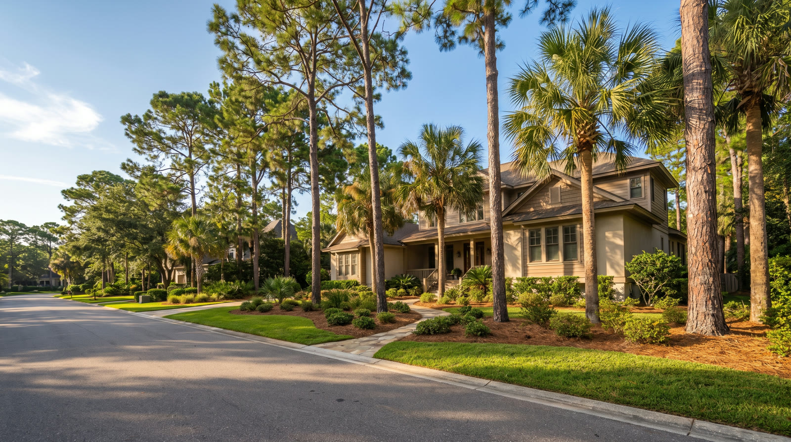 Ponte Vedra Beach street with slash pines and sabal palms