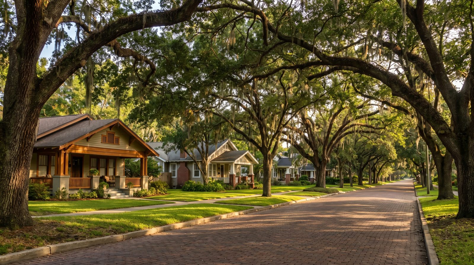 Riverside and Avondale street shaded by mature moss-draped live oaks