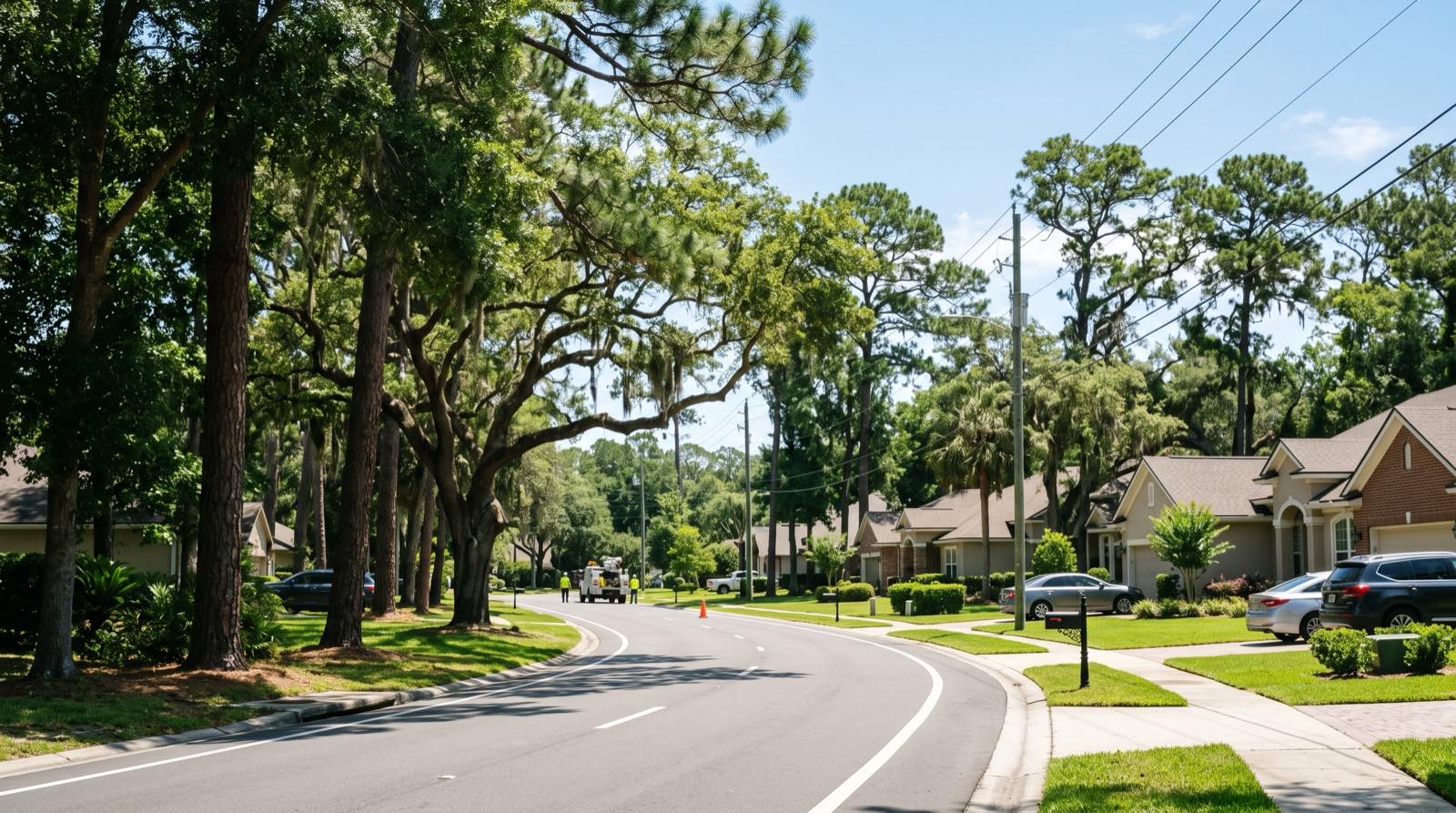 A Southside Jacksonville street with tall slash pines and live oaks over newer homes