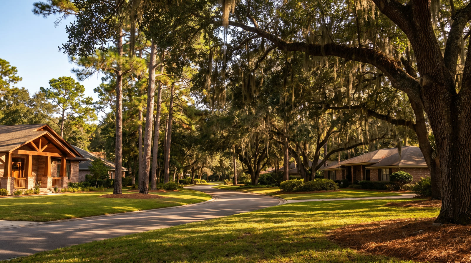 St. Johns and Fruit Cove suburban street with live oaks and pines