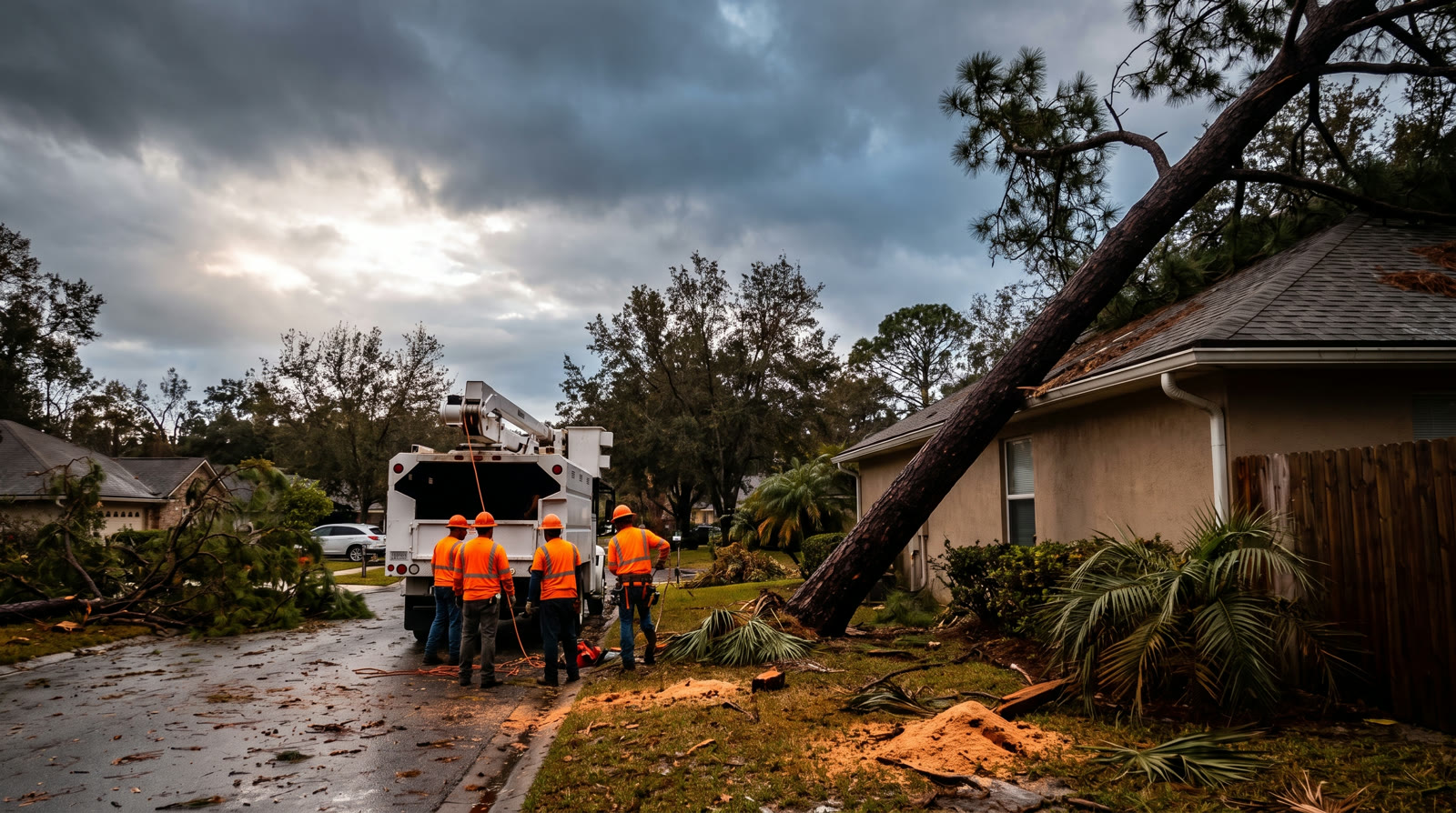 Storm-damaged tree being removed from a Jacksonville home at night