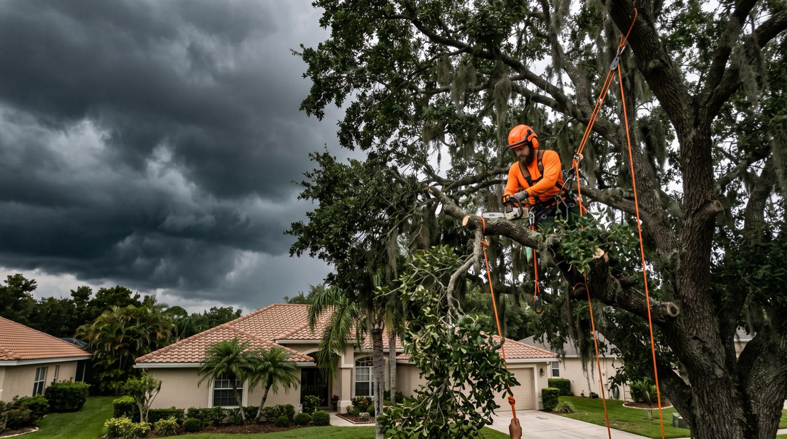 Tree crew thinning the canopy of a large live oak beside a Jacksonville home under a darkening sky