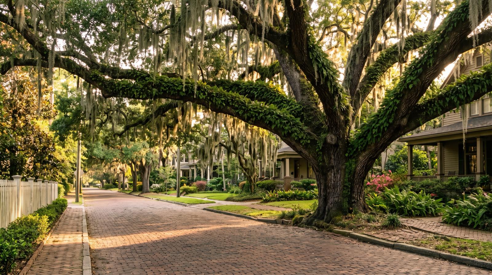 Massive Southern live oak draped in Spanish moss shading a historic Jacksonville street