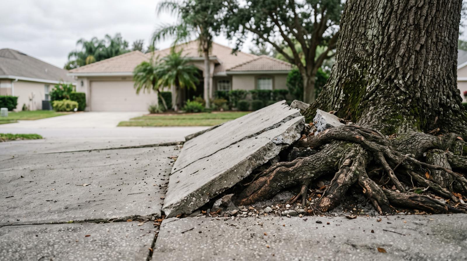 Large oak roots lifting and cracking a concrete driveway slab at a Jacksonville home