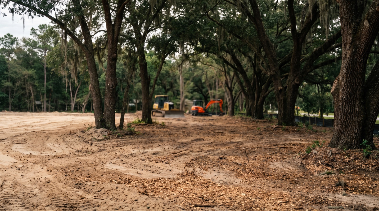 Crew clearing trees and brush from a wooded lot in Jacksonville