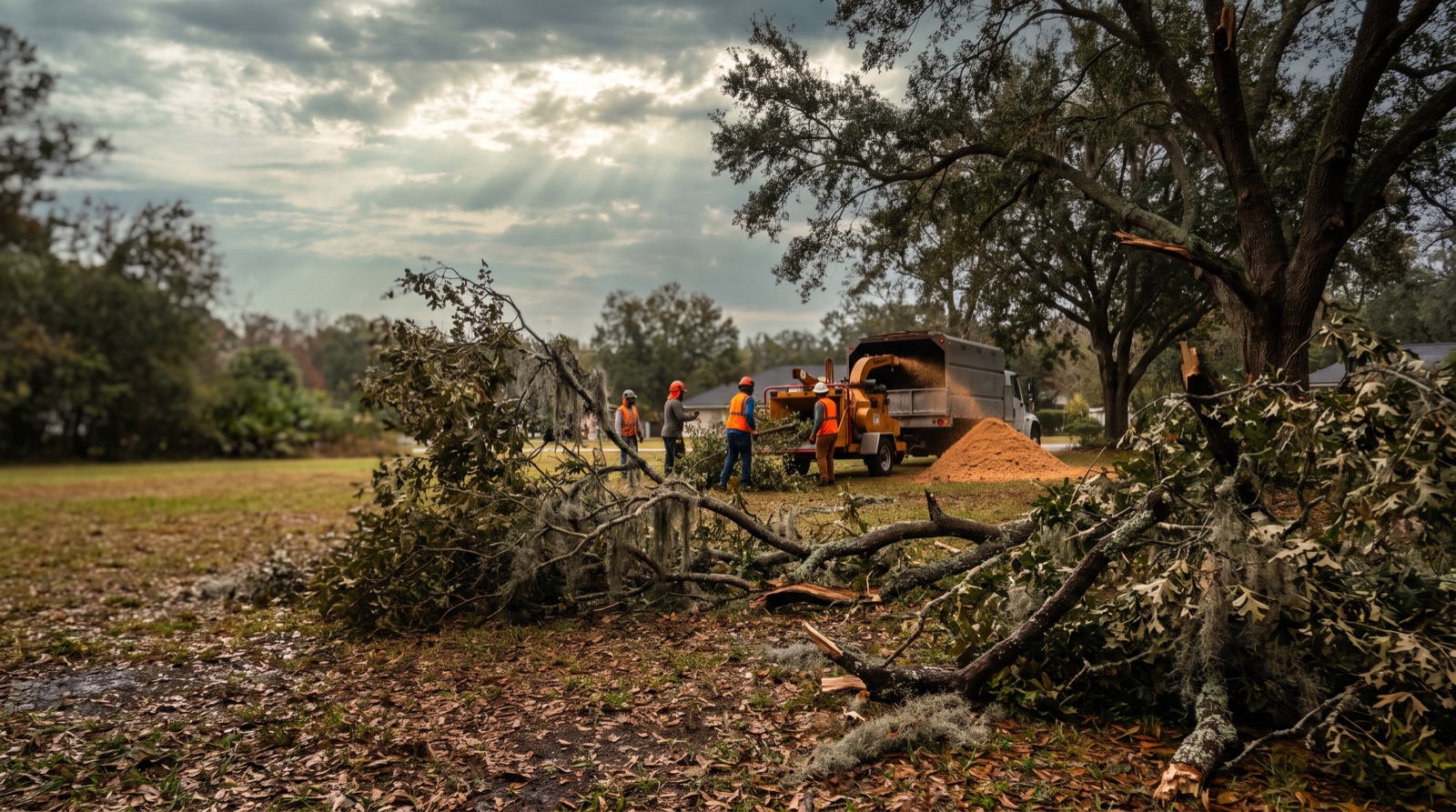 Crew clearing a storm-downed tree and debris from a Jacksonville property