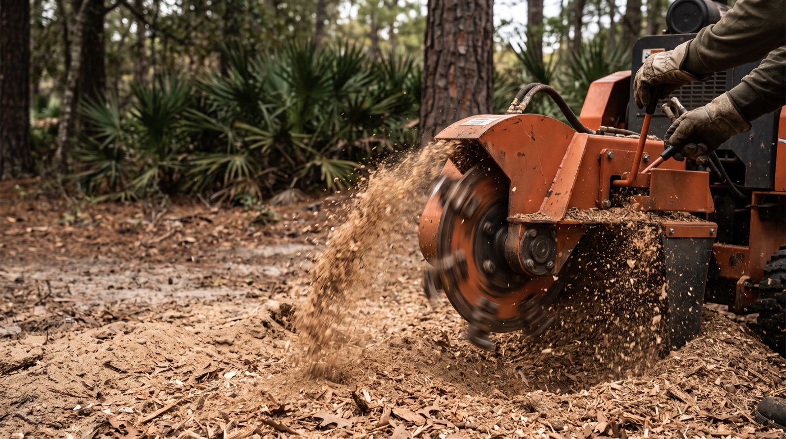 Stump grinder reducing a large tree stump to mulch in a Jacksonville yard