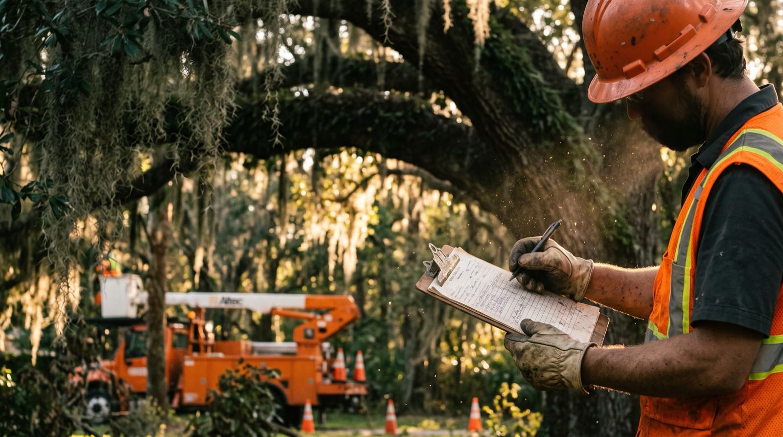 A Jacksonville arborist in an orange helmet writing a free tree-work estimate on a clipboard under a live oak, bucket truck behind