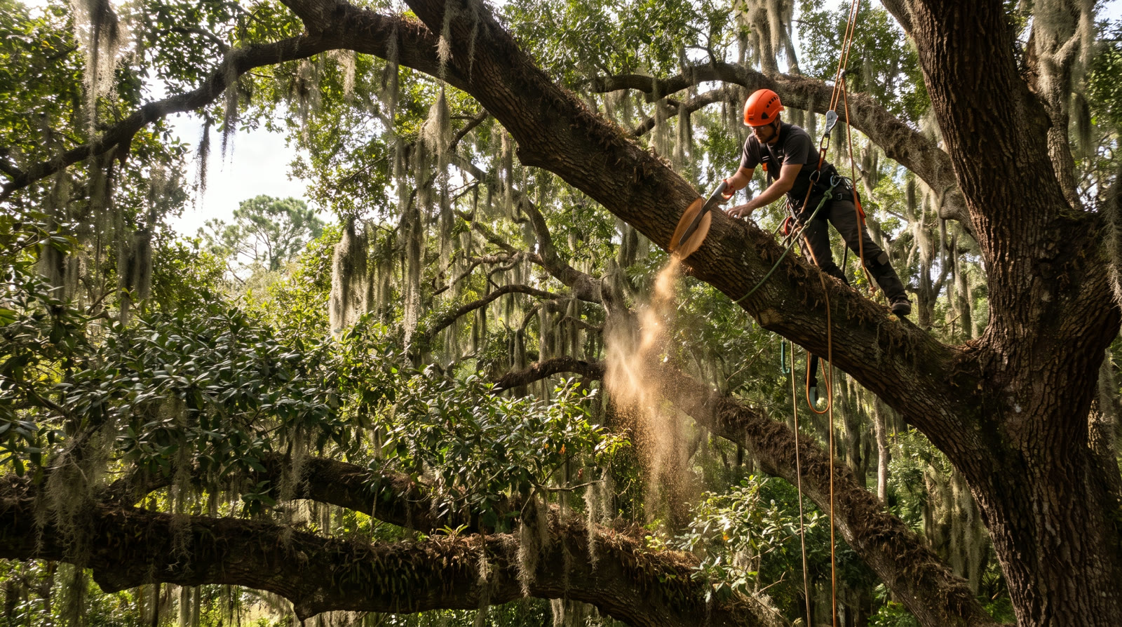 Arborist on a rope pruning a large live oak canopy in Jacksonville
